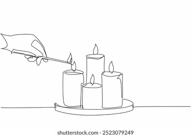 Uma única linha contínua desenhando mão segurar um fósforo, acendendo um grupo de velas dispostas em uma bandeja. Trazer luz ao mundo. Luz suave. Dia Mundial da Vela. Ilustração de vetor de design de uma linha