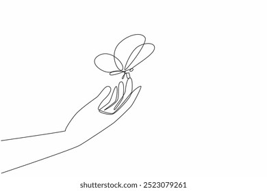 Single continuous line drawing a hand perched butterflies. The balance of human nature with animals. Balanced sustainability. Mutualism. Zero Discrimination Day. One line design vector illustration