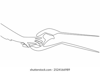 Single continuous line drawing hand of monkey and hand of human is touch. Can be trusted. Not a pet but can be kept. For the balance of nature. World Wildlife Day. One line design vector illustration