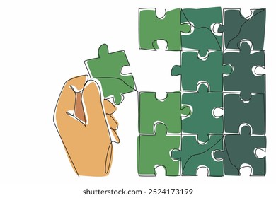 Single continuous line drawing hand holding puzzle pieces and beside it is a large puzzle. Complementary pieces. Become an image. Perfect. National Puzzle Day. One line design vector illustration