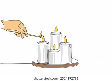 Single continuous line drawing hand hold a match, lighting a group of candles arranged on a tray. Bringing light into the world. Soothing light. World Candle Day. One line design vector illustration