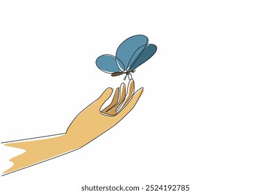 Single continuous line drawing a hand perched butterflies. The balance of human nature with animals. Balanced sustainability. Mutualism. Zero Discrimination Day. One line design vector illustration