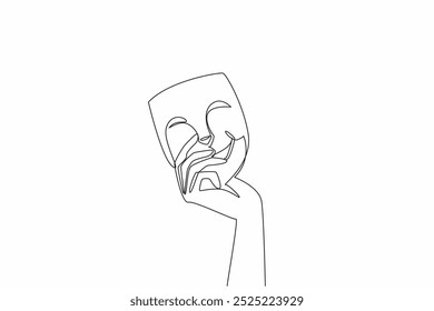 Single continuous line drawing a hand holding a theater mask. Symbol. Icon. Playing a different role from the original character. Entertainment. World Theatre Day. One line design vector illustration