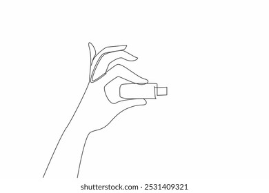 Single continuous line drawing hand is holding a flash drive. Has the largest storage media up to 1TB. Small things with many benefits. National Flash Drive Day. One line design vector illustration