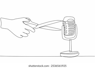 Uma única linha contínua desenhando a mão está segurando a tesoura e apontando para o microfone. Um som que emite uma certa sensação. Dia Internacional da RMSA. Ilustração de vetor de design de uma linha