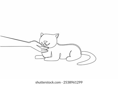 Single continuous line drawing hand stroking a cat. Caress full of affection. A very adorable fluffy cat. Look after, care for and love sincerely. National Pet Day. One line design vector illustration