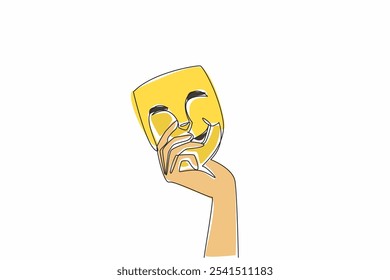 Single continuous line drawing a hand holding a theater mask. Symbol. Icon. Playing a different role from the original character. Entertainment. World Theatre Day. One line design vector illustration