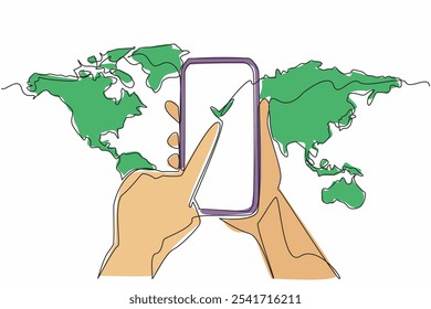 Single continuous line drawing hand holding a smartphone which has a checklist symbol on the screen. Seeking the truth of the news. International Fact-Checking Day. One line design vector illustration