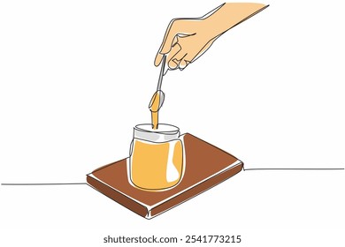 Línea continua única dibujando a mano sosteniendo una cuchara llena de líquido de caramelo que se pone en un frasco. Quiero compartir el dulce sabor del placer. Día Nacional del Caramelo. Ilustración vectorial de diseño de una línea