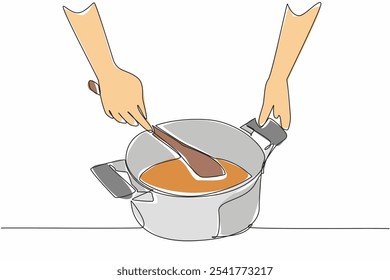 Uma única linha contínua desenhando a mão mexendo uma panela de líquido caramelo com uma grande colher de madeira. Caramelo caseiro. Fazendo a mistura perfeita. Dia Nacional do Caramelo. Ilustração de vetor de design de uma linha