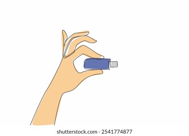 Single continuous line drawing hand is holding a flash drive. Has the largest storage media up to 1TB. Small things with many benefits. National Flash Drive Day. One line design vector illustration