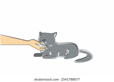 Single continuous line drawing hand stroking a cat. Caress full of affection. A very adorable fluffy cat. Look after, care for and love sincerely. National Pet Day. One line design vector illustration