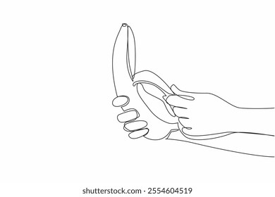 Single continuous line drawing hand peeling banana skin to half. Helps recovery after illness. Fruit that rich in carbohydrates. Creamy. Tasty. National Banana Day. One line design vector illustration