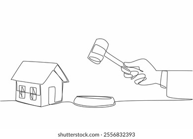 Single continuous line drawing hand holds wooden hammer and wanting to tap the bearing. Troubled home investment. Final auction decision. National Auctioneers Day. One line design vector illustration