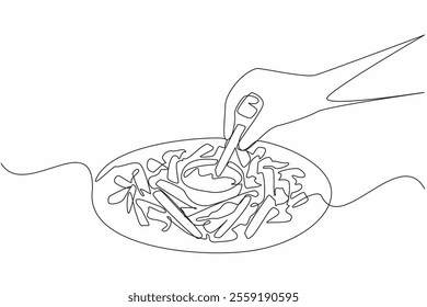 Single continuous line drawing hand dipping french fries into a small bowl of cheese sauce. Perfect combination. Double pleasure. Tasty. National Cheddar Fries Day. One line design vector illustration