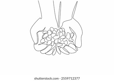 Single continuous line drawing hand holding a pile of colorful jelly beans. Preparing to watch while snacking on sweet snacks. Delicious. National Jelly Bean Day. One line design vector illustration