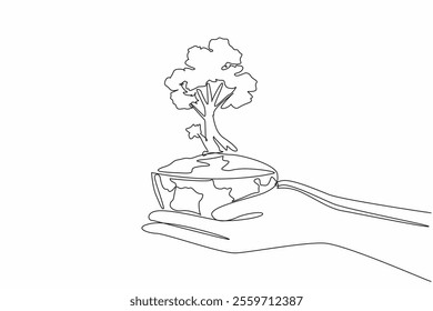 Single continuous line drawing hand holding a half-shaped globe. Symbolism. The big tree is half of the life of the earth. The earth must remain green. Earth Day. One line design vector illustration