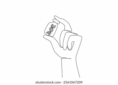 Single continuous line drawing hand holding a vaccine bottle and inside there is a DNA symbol. Researchers conducted genetic checks. Research. National DNA Day. One line design vector illustration