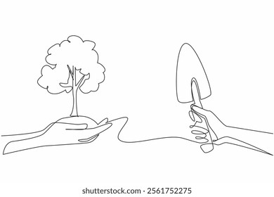 Single continuous line drawing hand holding tree with mound of soil and shovel. Planting dense trees is very good for earth. Reduce pollution. National Arbor Day. One line design vector illustration