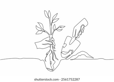 Single continuous line drawing hand holding shovel and small tree. Planting trees greens the earth. Spreads oxygen levels. Comfortable earth. National Arbor Day. One line design vector illustration