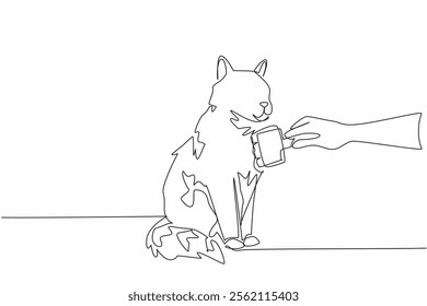 Single continuous line drawing hand combing a sitting cat with an animal comb. Take care of the beloved cat with care. Comfort. National Hairball Awareness Day. One line design vector illustration