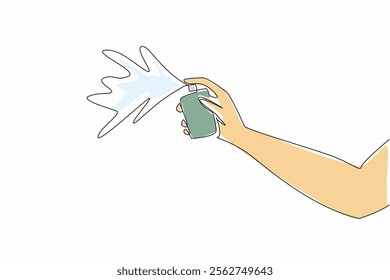 Single continuous line drawing hand spraying perfume. The best way to know scent of perfume. Testing the spray hole. Refreshing woody scent. National Perfume Day. One line design vector illustration