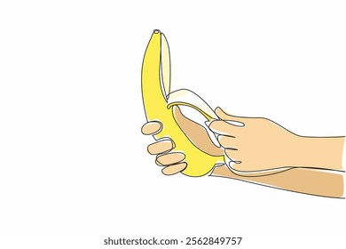 Single continuous line drawing hand peeling banana skin to half. Helps recovery after illness. Fruit that rich in carbohydrates. Creamy. Tasty. National Banana Day. One line design vector illustration