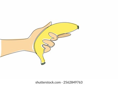 Single continuous line drawing hand holding a banana. Fruit with yellow skin and many types. Has a distinctive sweet taste. Energy booster. National Banana Day. One line design vector illustration