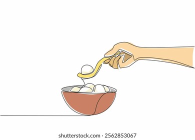 Single continuous line drawing hand scooping a rice ball using a duck spoon. Feed into the mouth. More sterile without touching hands. National Rice Ball Day. One line design vector illustration