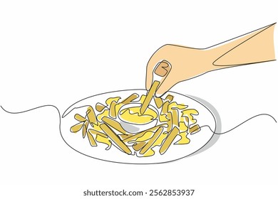 Single continuous line drawing hand dipping french fries into a small bowl of cheese sauce. Perfect combination. Double pleasure. Tasty. National Cheddar Fries Day. One line design vector illustration