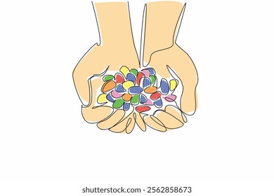 Single continuous line drawing hand holding a pile of colorful jelly beans. Preparing to watch while snacking on sweet snacks. Delicious. National Jelly Bean Day. One line design vector illustration