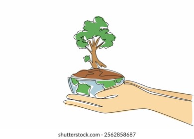 Single continuous line drawing hand holding a half-shaped globe. Symbolism. The big tree is half of the life of the earth. The earth must remain green. Earth Day. One line design vector illustration