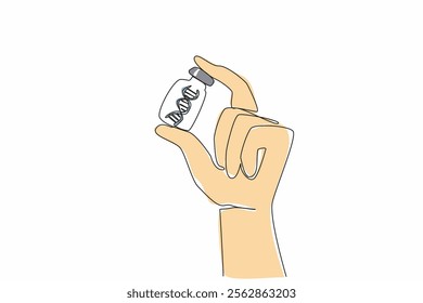 Single continuous line drawing hand holding a vaccine bottle and inside there is a DNA symbol. Researchers conducted genetic checks. Research. National DNA Day. One line design vector illustration