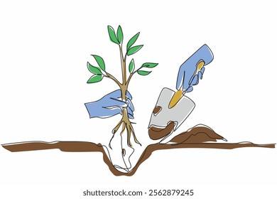 Single continuous line drawing hand holding shovel and small tree. Planting trees greens the earth. Spreads oxygen levels. Comfortable earth. National Arbor Day. One line design vector illustration