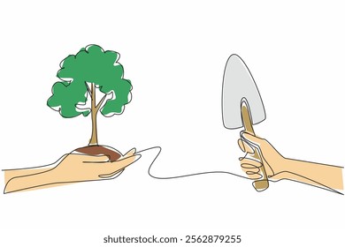 Single continuous line drawing hand holding tree with mound of soil and shovel. Planting dense trees is very good for earth. Reduce pollution. National Arbor Day. One line design vector illustration