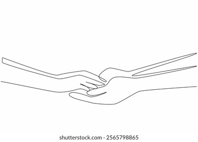 Single continuous line drawing hand of man holding hand of woman. Promise to return from state duty. Erase sadness. Commitment. Encouragement. National Honesty Day. One line design vector illustration