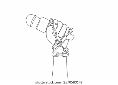 Single continuous line drawing hand holding mic of reporter and wrapped in chain. Freedom under threat. No news digging allowed. Power. World Press Freedom Day. One line design vector illustration