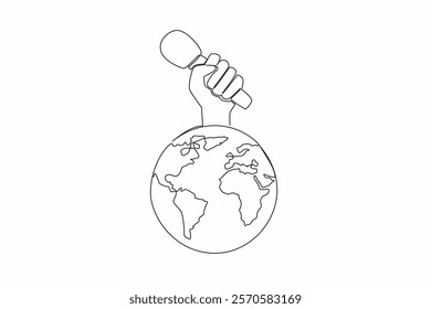 Single continuous line drawing hand holding reporter microphone above globe. Press freedom alliance. Delivering news to the whole world. World Press Freedom Day. One line design vector illustration