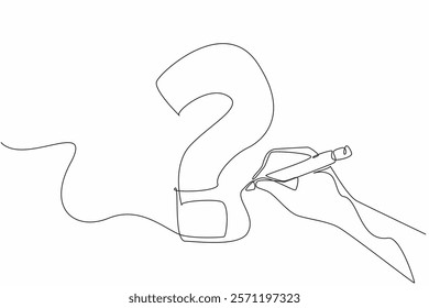 Single continuous line drawing hand holds marker forms big question mark from scribbled lines. Seeking enlightenment to find best solution. National Day of Reason. One line design vector illustration