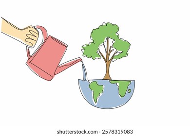 Single continuous line drawing a hand watering a tree on half the globe using a watering can. An activity to green the earth. Clean from pollution. Day of Trees. One line design vector illustration