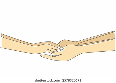 Single continuous line drawing hand of man holding hand of woman. Promise to return from state duty. Erase sadness. Commitment. Encouragement. National Honesty Day. One line design vector illustration