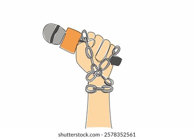 Single continuous line drawing hand holding mic of reporter and wrapped in chain. Freedom under threat. No news digging allowed. Power. World Press Freedom Day. One line design vector illustration