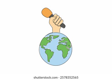 Single continuous line drawing hand holding reporter microphone above globe. Press freedom alliance. Delivering news to the whole world. World Press Freedom Day. One line design vector illustration