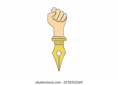 Single continuous line drawing a hand that is clenched into fist, bottom like pen. Symbolism. The struggle to convey news through writing. World Press Freedom Day. One line design vector illustration