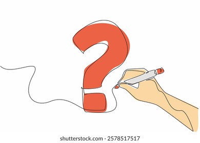 Single continuous line drawing hand holds marker forms big question mark from scribbled lines. Seeking enlightenment to find best solution. National Day of Reason. One line design vector illustration