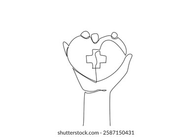 Single continuous line drawing hand is holding a heart with a plus sign in the middle. A strong determination to live a useful life for others. World Red Cross Day. One line design vector illustration