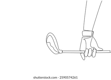 Single continuous line drawing a hand wearing glove is holding golf club. Stretching by swinging a golf club. Relieves tension. Big competition. National Golf Day. One line design vector illustration