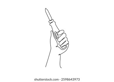 Single continuous line drawing hand of young worker holding screwdriver. Handyman tools for tighten bolts or nuts at repairing installation electronic. One line draw graphic design vector illustration