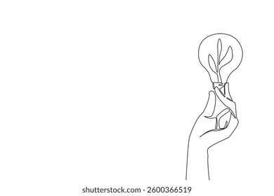 Single continuous line drawing hand holding bulb in the middle of which there is plant sprout. Symbol of a brilliant idea. Greening sustainability. Holding Bulb. One line design vector illustration