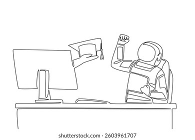 Single continuous line drawing hand of astronaut out of monitor screen while holding graduation cap. Smart astronaut. Science is the main thing. Things from Screen. One line design vector illustration